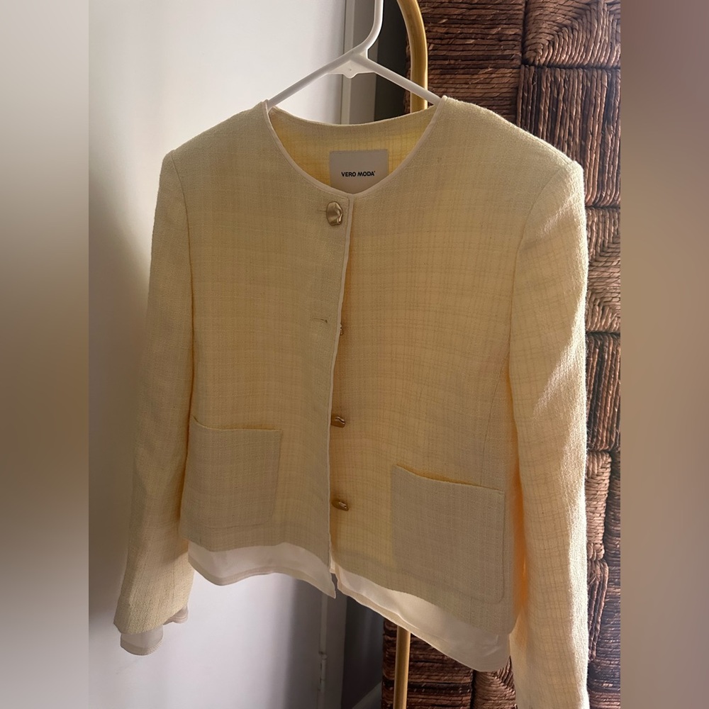 Vero Moda Pale Yellow Tweed Collarless Blazer